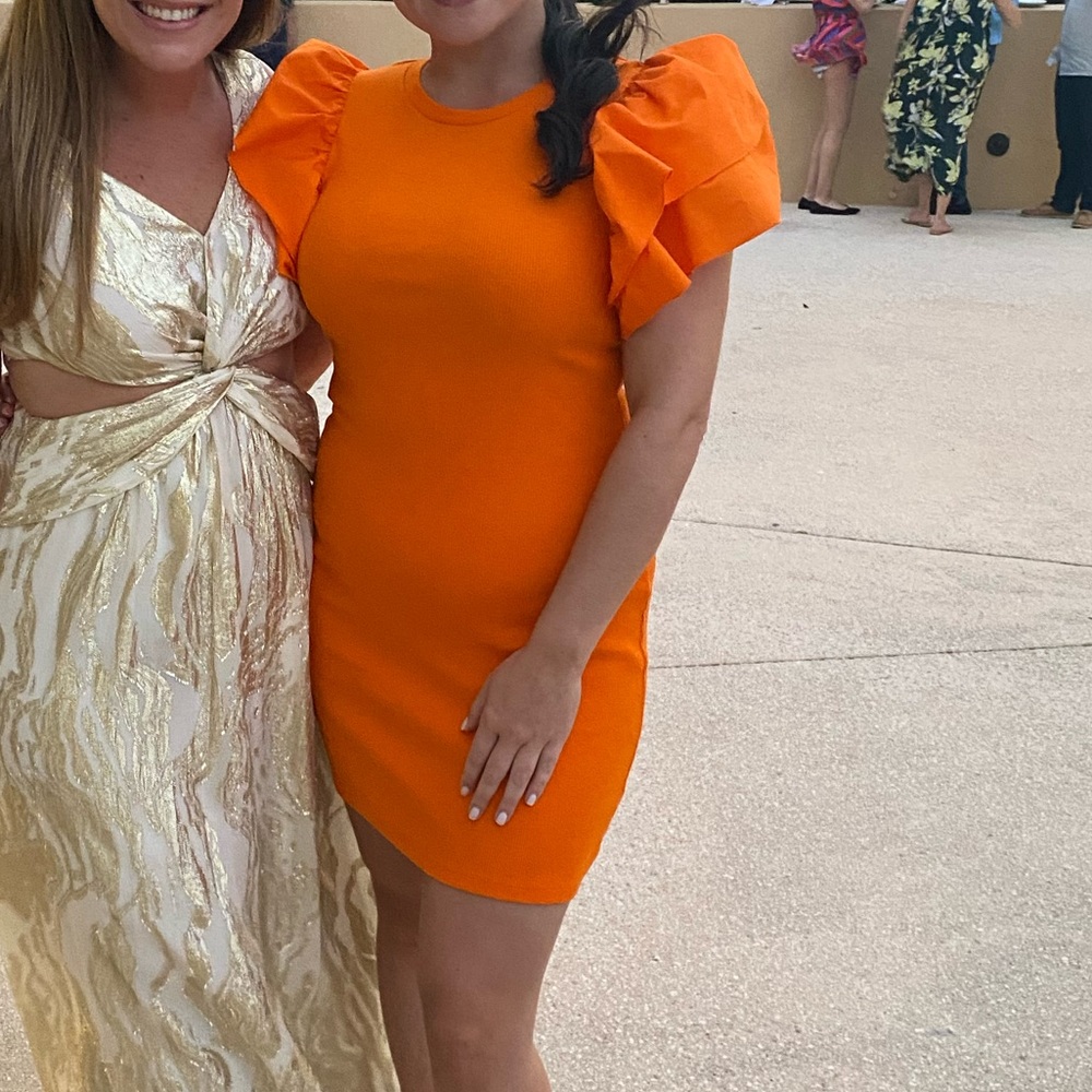 Zara bright orange puff shoulder dress